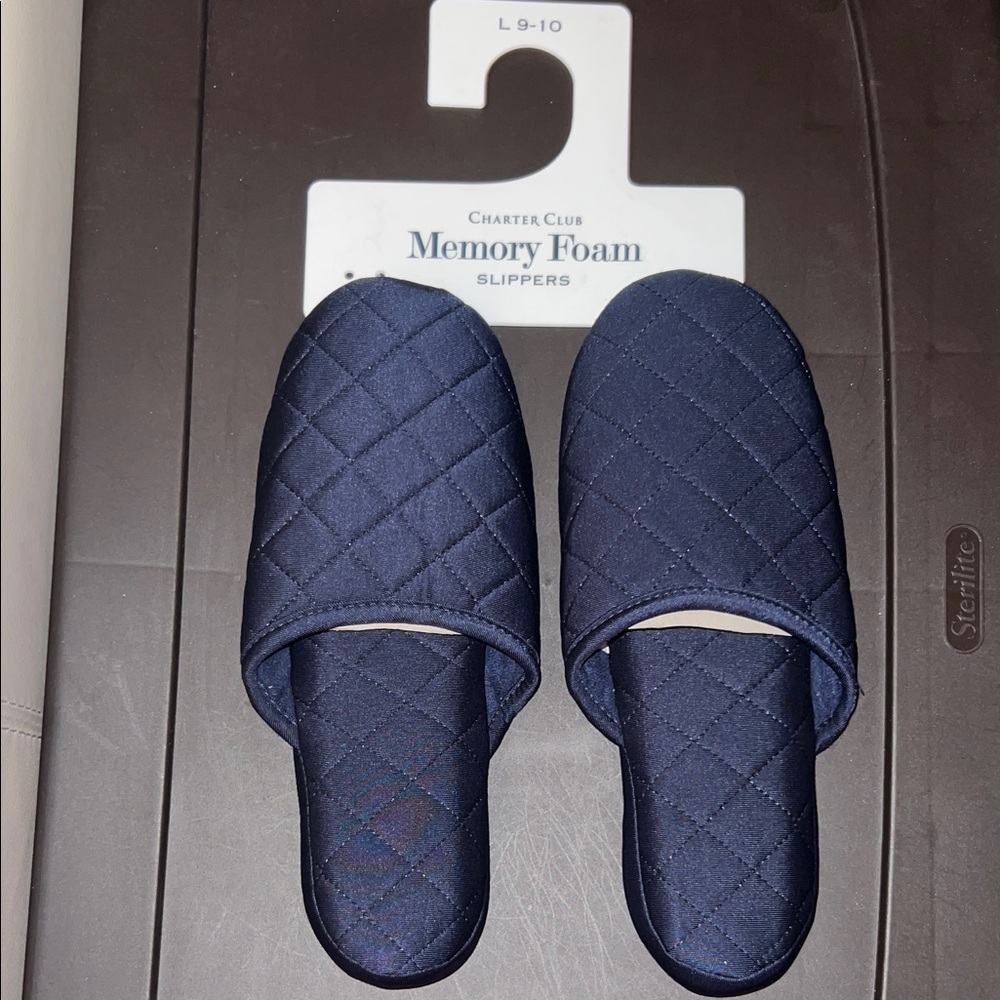 Charter Club Dark Blue Quilted Memory Foam Slippers, Size: 9-10